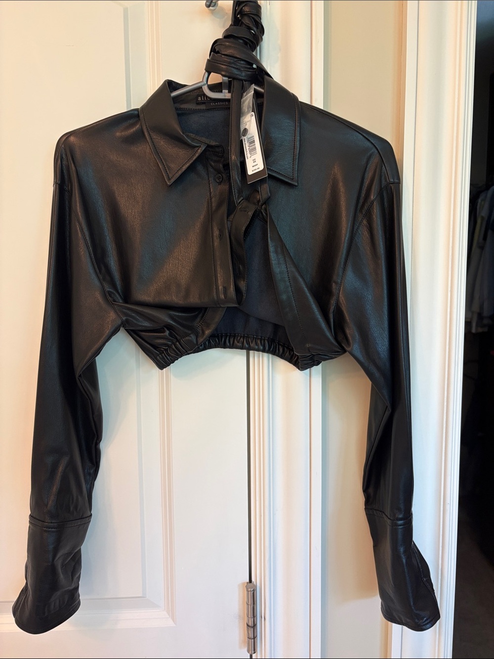 Alice + Olivia Black Cropped Faux Leather Button-Down Shirt